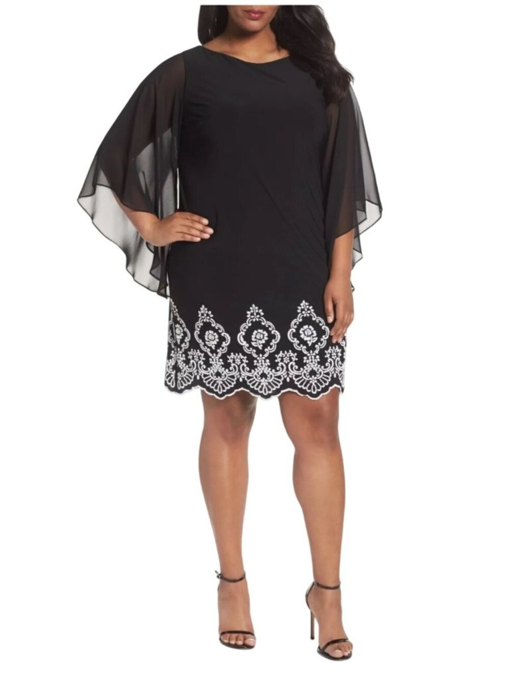 Xscape NWT Black With White Beading Shift Capelet Dress